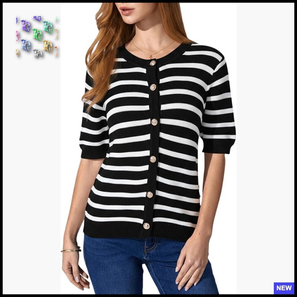 Short Sleeve Crochet Knit Top V-Neck Striped Button Down Blouse Chic Casual